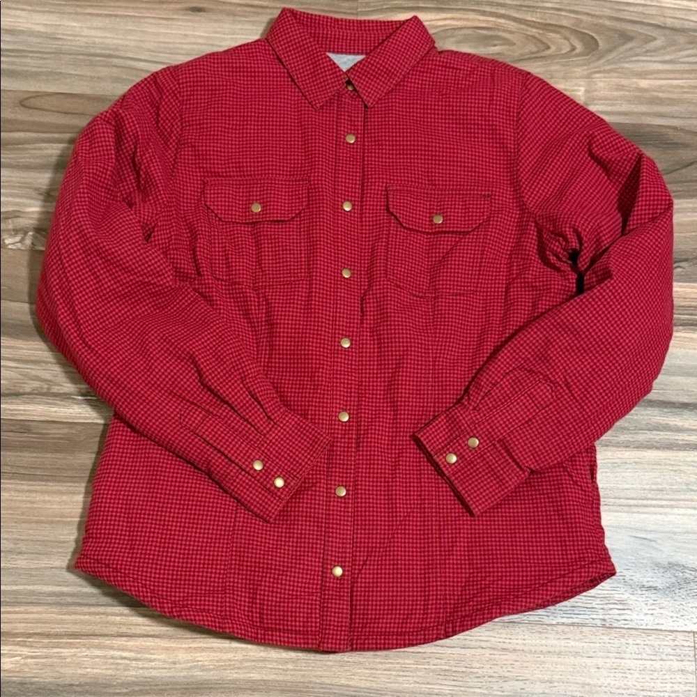 LL Bean Shacket Women Medium Red Checkered Flannel Shirt Jacket Cotton Lined